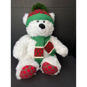 White Plush Christmas Bear Wool Scarf Hat Red Green Plaid